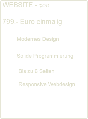  WEBSITE - 700 799,- Euro einmalig Modernes Design Solide Programmierung Bis zu 6 Seiten Responsive Webdesign